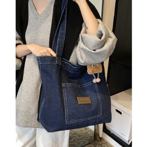 กระเป๋าผ้าใบเดนิมขนาดใหญ่ กระเป๋าช้อปปิ้งแบบลำลองสำหรับผู้หญิง กระเป๋าถือทรง Tote ที่อเนกประสงค์และใช้งานได้หลากหลาย