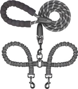 Dual Dog Leash Double Dog Leash 360 Swivel No Tangle Walking Leash Shock Absorbing Bungee for Two Dogs