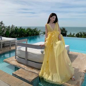 French Style Holiday Long Dress Fairy Skirt Waist Cinching Heavy Embellishment Asymmetrical Hemline Summer Season Womens Dress