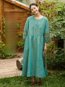 WUSEWUWEI | Summer New Style Colorless Fragranceless Eden Loose Slimming Linen Ethnicity Skirt Womens Dress High Waist A-Line Long Sleeve