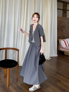 Gray Two-Piece Set Long Skirt And Blouse Womens Summer Fashion Slimming Hepburn Strap Dress Korean Style Commute Polyester Fiber