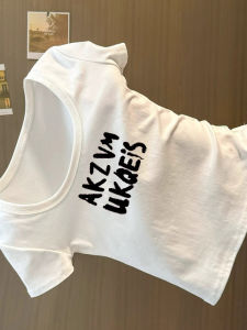 Fashion Shoulder High Street American Retro U-Neck Short Sleeve T-Shirt WomensSummer 2025 New Letter Printing Slim Fit Shirt