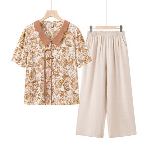 Young Fashionable Short Sleeve Mommy Summer Outfit Set Polyester Fiber Loose Fit Button Detail round Neck Two Piece Set Floral Pattern