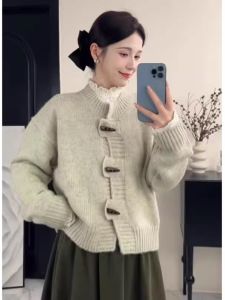 Áo len cardigan BINKAFENNY nữ làm bằng vải dệt kim có nút ngà voi cổ tròn dáng rộng