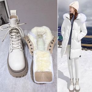 Hong Kong Genuine Leather Thick Bottom Snow Boots Women Winter New Fleece Lined Thick Cotton Shoes Leather Fur Integrated Martin Boots