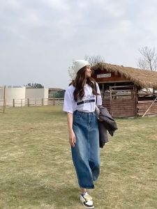Rok denim wanita korea rok long skirt pembahagian depan