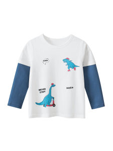 27Kids Pure Cotton Dinosaur Print Long Sleeve Base Shirt for Boys Spring Autumn Kids Clothing T-Shirt Korean Style Standard Fit