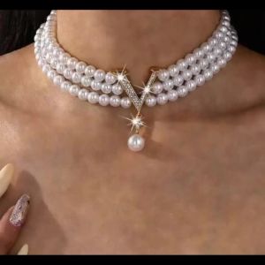 Dây Chuyền Nữ Cao Cấp Mùa Hè Sang Trọng Kiểu Choker Giả Ngọc Trai Đính Đá Chất Liệu Hợp Kim Kẽm Phong Cách Cổ Điển Thích Hợp Cho Các Buổi Tiệc