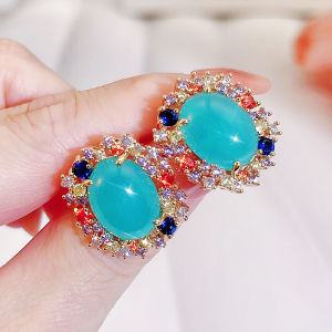 เลื่อมสำหรับหูที่สวยงามของผู้หญิงเครื่องประดับสีเหลืองทองแบบเต็มรูปแบบสีสันสดใส AAAA ลูกบาศก์เพทายคริสตัลรูปไข่ใหม่ล่าสุดต่างหูตุ้มหูสำหรับงานเลี้ยงประจำวัน SE881