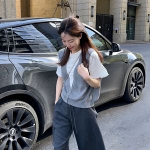 plus Size Knitted Vest Fake Two-Piece Shoulder-Length Short Sleeve Womens T-Shirt Belly Covering Slimming Top Casual Style