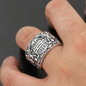 BOCAI Real Solid S925 Pure Silver Jewelry Ethnic Style Tang Grass Pattern Adjustable Thai Fashion Man Rings