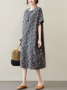 ชุดเดรสยาวคอวีแขนยาวผ้าฝ้ายสไตล์ชาติพันธุ์ย้อนยุค ทรงหลวม ทรงเข้ารูป ชุดฮีโร่สำหรับผู้หญิงไซส์ใหญ่