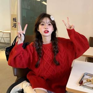 IELGY Red Christmas loose thick sweater womens soft lazy style mid-length top