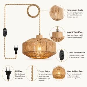 JOYINLED Dimming Switch Natural Paper Rope Hanging Lamp Coastal E2 Woven Plug in Pendant Light 14ft Handmade Woven Light Cord