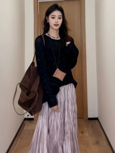 Shiny Long Sleeve Knitted Sweater Womens plus Size Slimming Base Layer Top Korean Style Loose Fit Knitwear round Neck