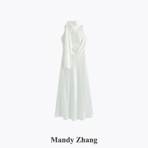 Sleeveless White Summer Tie Collar Long Dress