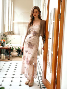 Fashionable French Style Two-Piece Set Womens Autumn Elegance Open Cardigan Floral Print Dress OLrain Long Sleeve Polyester Blend