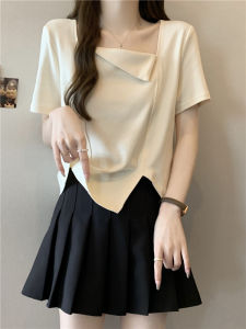 Summer Womens T-shirt Irregular Square Collar Asymmetrical Short Sleeve plus Size Cotton Casual Sweet Style Princess Fit