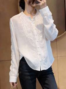 QINGNAER | French Style White Lace Round Neck Long Sleeve Slim Fit Shirt