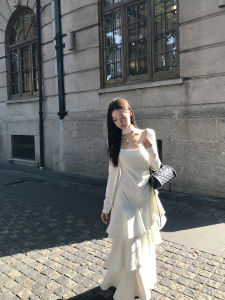 Spring French White Fitted Long Dress