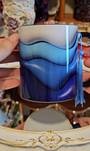 3D blue gradient swirl design ceramic coffee mug with tassel handle for gift/anniversary/birthday/graduation