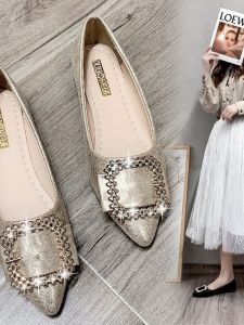 2025 Spring New Fairy Style Wedding Shoes Silver Sequin Glitter Pointed Toe Flat Bottom Slip-On Womens Single Shoes Fashionable Buckle