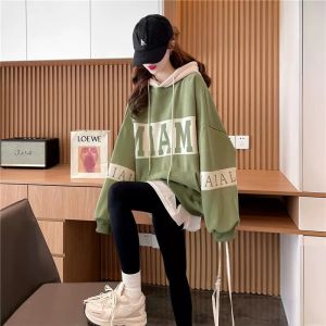 เสื้อสเวตเตอร์มีฮู้ดแบบสวมหัวพอดีตัวสำหรับผู้หญิงไซส์ใหญ่ ทรงหลวม แขนยาว คอตตอนผสมโพลีเอสเตอร์ สไตล์เกาหลี เสื้อผ้าทำงาน
