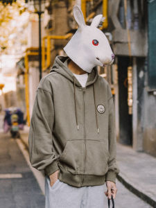 Rabbit House Spring Autumn Hooded Open Cardigan Sweatshirt Mens Casual Back Print Retro Jacket Loose Fit Daily Wear