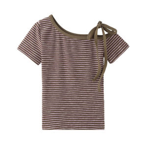 Áo Thun Nữ Tay Ngắn Kẻ Sọc Màu Tím Hở Vai Mùa Hè Phong Cách Hàn Quốc Thiết Kế Dây Buộc Gợi Cảm Dáng Ôm Vừa Vặn