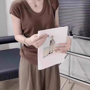 SHUQINGLAI | Áo Thun Nữ Cổ U Tơ Lụa Dệt Kim Tay Ngắn Thời Trang Mùa Hè Độc Đáo