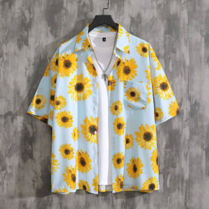 Hawaii Printed Shirt Mens Short Sleeve Ins Harajuku Style Summer Sunflower Full Print Beach Handsome Floral Shirt