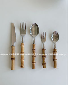 INS French Retro Handmade Bamboo Handle Western Food Knife Fork and Spoon 304 Stainless Steel Tableware Household Meal Spoon Dessert