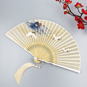 Portable Folding Fan Ancient Chinese Style Crane Design for Women Matched with Qipao Traditional Costume Small Bamboo Fan