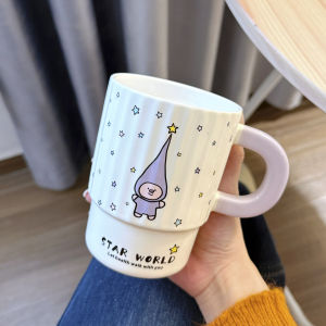 LUXIAOSHI | Cute Purple Star Ceramic Mug with Lid for Girls Birthday Gift