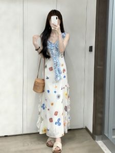 CHANGTONG | French Style V-Neck Floral Strappy Youthful Unique Dress Summer