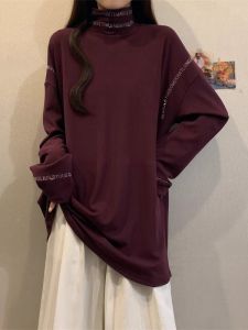 AIYITI | Sparkly Rhinestone High Collar Long Sleeve T-Shirt Oversized Thick Fabric Shirt Large Size