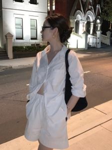 Mint Blue Womens Shirt Casual Loose Fit Long Sleeve Polo Collar Fashionable Outerwear Anti-Aging Design Spring Autumn White