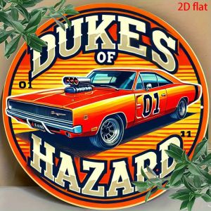 2D Flat1pc "Duke of Hazzard Vintage Car" Retro Aluminum Sign Wall Decor - Red & Black Retro Style with Vintage Car Design