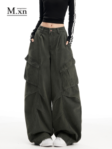 American Retro Military Green Wide Leg Workwear Jeans Womens Casual Loose Fit Straight Leg Pants with Pockets Low Waist