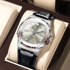 POEDAGAR Fashion Brand Men Watch Luxury Luminous Waterproof Week Date Man Clock Leather Quartz Square Casual Mens Watches Reloj