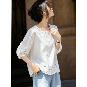 AEJUONOS | Elegant Youthful White Lace Embroidery Round Neck Short Sleeve Top