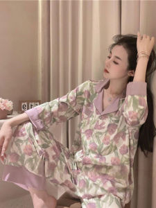 ชุดนอนผ้าไหมเทียมลาย Tulip แขนยาวผู้หญิง ชุดนอนฤดูใบไม้ผลิและฤดูใบไม้ร่วง สไตล์เกาหลี ชุดอยู่บ้าน ชุดนอนฤดูร้อน