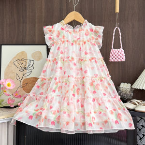 Melario | Summer New Pink Sweet and Cute Princess Dress for Girls Aged 2-7 Birthday Party Flower Printed Lace Bow Clothes