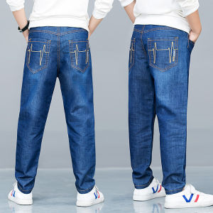 กางเกงยีนส์ทรงตรงหลวมๆ ลำลองสำหรับเด็กชาย กางเกงขายาวฤดูใบไม้ผลิและฤดูใบไม้ร่วง ผ้าฝ้ายผสมโพลีเอสเตอร์ ระบายอากาศได้ดี ระบายความชื้นได้ดี
