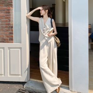 French Elegant High-End Womens Fashion Set Summer 2025 Old Money Style Vest Wide Leg Pants Two-Piece Set Casual Lightweight