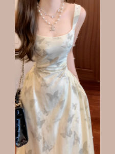 Elegant Korean Style Belted Strap Dress Womens Summer 2025 New High Waist French Long Dress Sweet Japanese Style A-Line Skirt