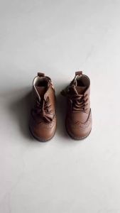 Bekamille | Children Boots British Style Fretwork Pu Leather Brown Black Boys Girls Short Boot 21-30 Toddler Zipper Solid Color Kids Shoes