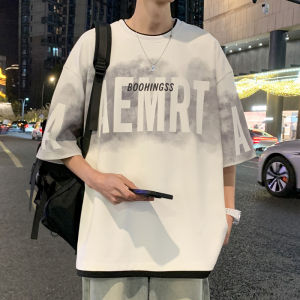 Pink Short Sleeve Hiphop T-shirt Mens Summer American High Street Oversize Five Sleeve Seven Length Casual Fashion Tee