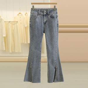 กางเกงยีนส์ทรงขาบานเอวสูง 2 กระดุม ปักมุก ผูกโบว์ แบรนด์ Li ฤดูร้อน กางเกงขายาวทรงหลวม ผ้าฝ้ายผสม