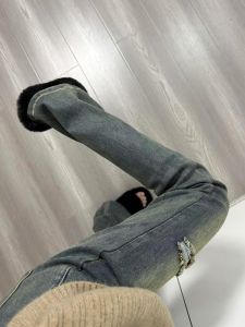 High Waist Bell Bottom Blue Ripped Denim Jeans Womens Extended Size for Tall Women Casual Style High Elastic Cotton Stretch